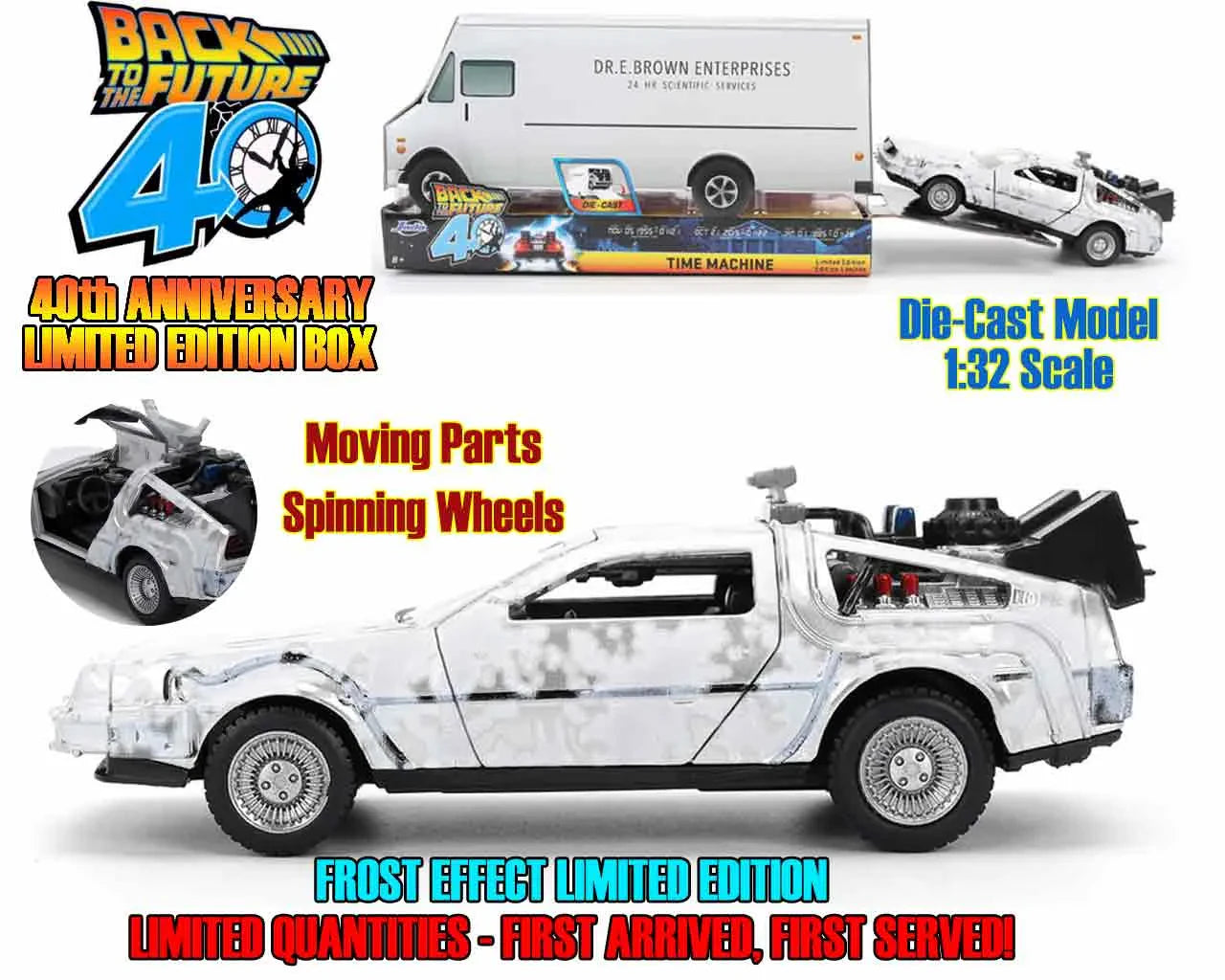 BACK TO THE FUTURE PART I - 1982 DE LOREAN DMC 12 WITH FROST EFFECT - 40TH ANNIVERSARY LIMITED EDITION 1:32 DIE-CAST MODEL