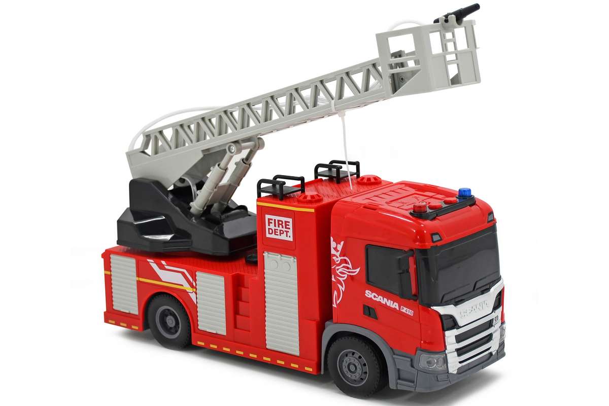 SCANIA brandbil m/stige, lys & lyd, 31x10x16,3cm