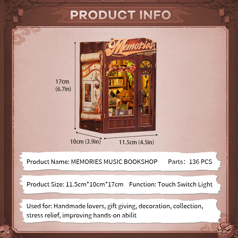 BOOK NOOK KIT - DIY - Memories Music Bookshop - 136pc + LED Light