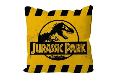 JURASSIC PARK CAUTION LOGO YELLOW SQUARE CUSHION VACUUM PACKAGING