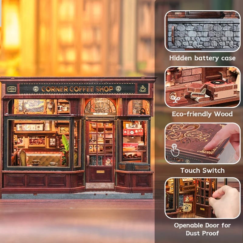 MINIATURE HOUSE - DIY- Corner Coffee Shop - 294pc + LED Light