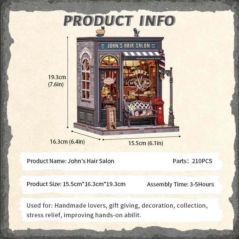 MINIATURE HOUSE - DIY- John's Hair Salon - 210pc + LED Light