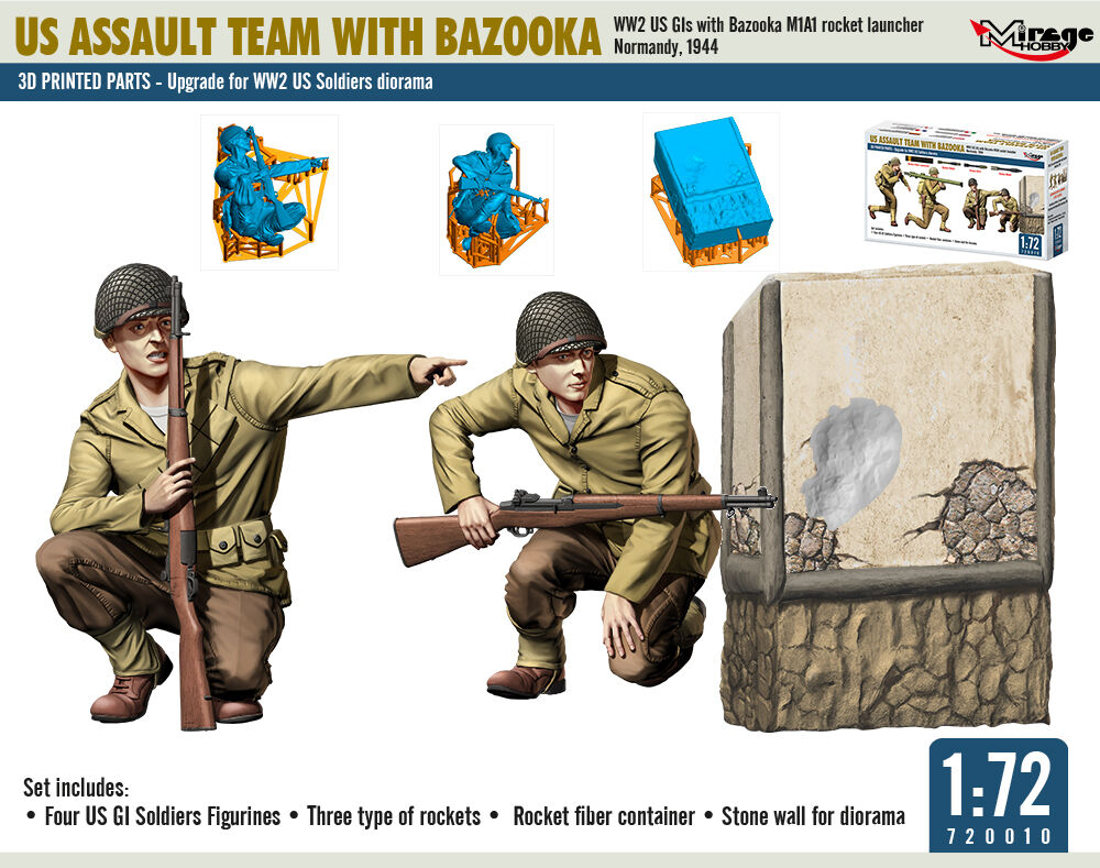 US ASSAULT TEAM WITH BAZOOKA, WW2 US GIs with Bazooka M1A1 rocket launcher Normandy, 1944