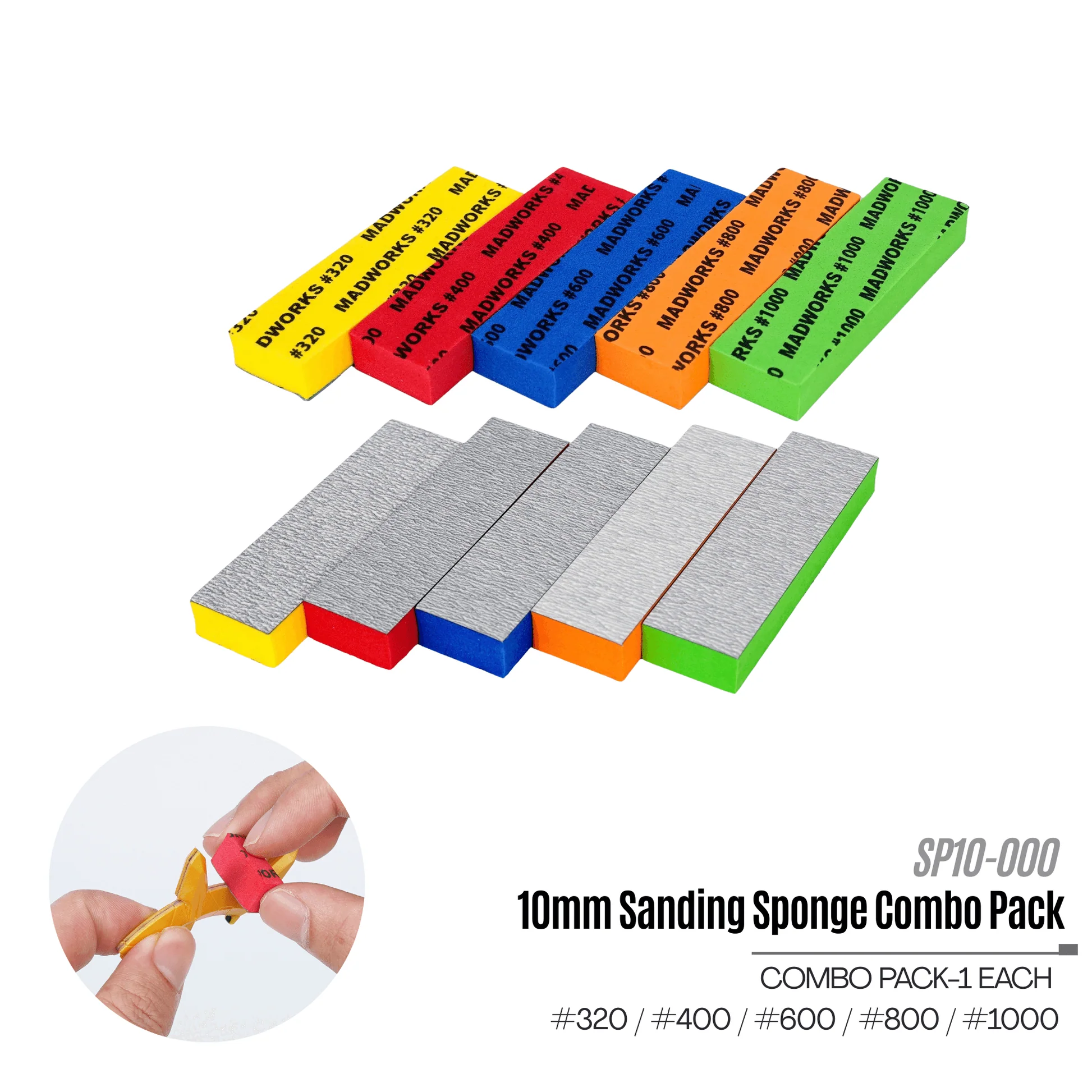 MadWorks 10mm High-Density Sanding Sponge Set (5-Piece / Multi-Grit)