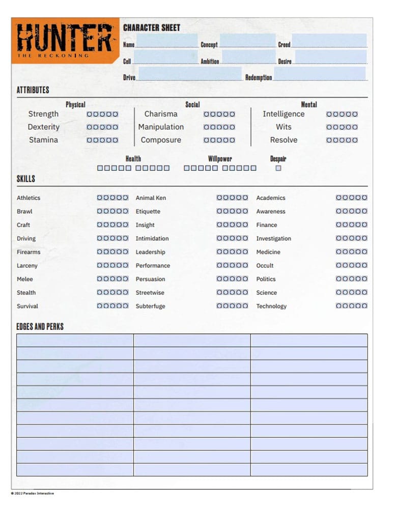 Hunter: The Reckoning 5th Edition RPG Journal Expanded Character Sheet Journal *English Version*